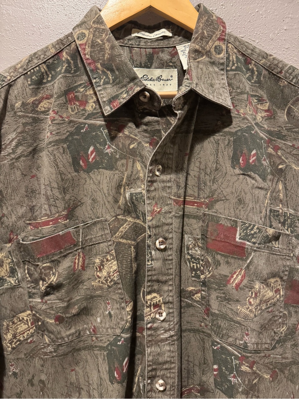 Vintage Eddie Bauer Men's Elkhorn Canvas Shirt AOP Outdoor Hunting Fishing 90s